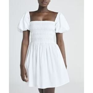 Sun Deh Short Puff Sleeve Smocked Cotton Mini Dress White Medium